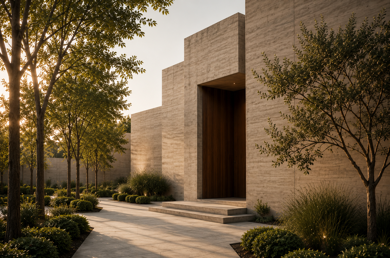 Minimal concrete residence exterior with a mature tree in the foreground